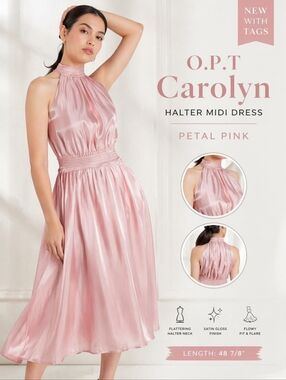 NWT O.P.T Carolyn Satin Halter Midi Dress Pink Glossy Fit & Flare